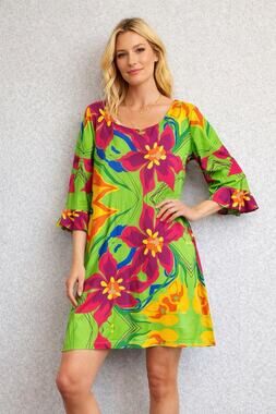 Mcm Mod Retro Bright Boho Dress Bell Sleeve Parisou Resortwear Medium Groovy Fun